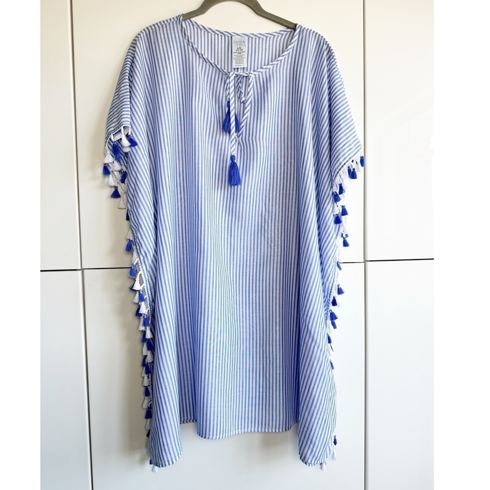 Time and Tru Swim Coverup Kimono Blue White Stripe Tassels Swim Resortwear Large